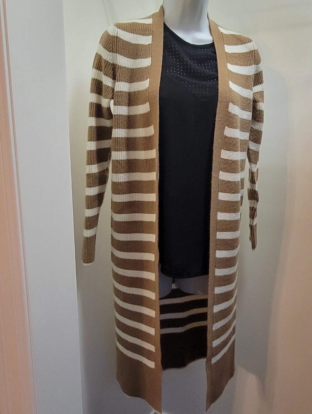 Ann Taylor Long Tan White Striped Duster Cardigan